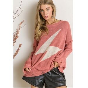 Pink Lightning Bolt Oversized Distressed Sweater